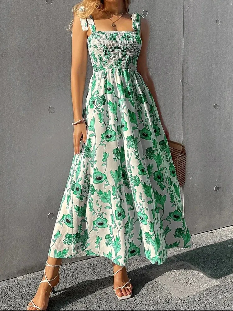 Chic Floral Print Long Dress New Fashion Backless Sleeveless Bandage Beach Sundress Casual Spring Summer Dresses