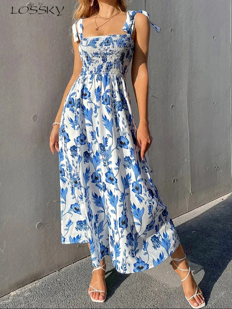 Chic Floral Print Long Dress New Fashion Backless Sleeveless Bandage Beach Sundress Casual Spring Summer Dresses