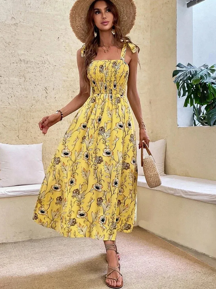 Chic Floral Print Long Dress New Fashion Backless Sleeveless Bandage Beach Sundress Casual Spring Summer Dresses