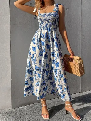 Chic Floral Print Long Dress New Fashion Backless Sleeveless Bandage Beach Sundress Casual Spring Summer Dresses