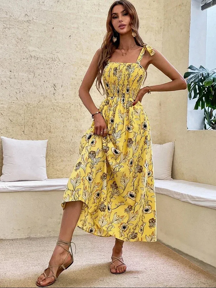 Chic Floral Print Long Dress New Fashion Backless Sleeveless Bandage Beach Sundress Casual Spring Summer Dresses