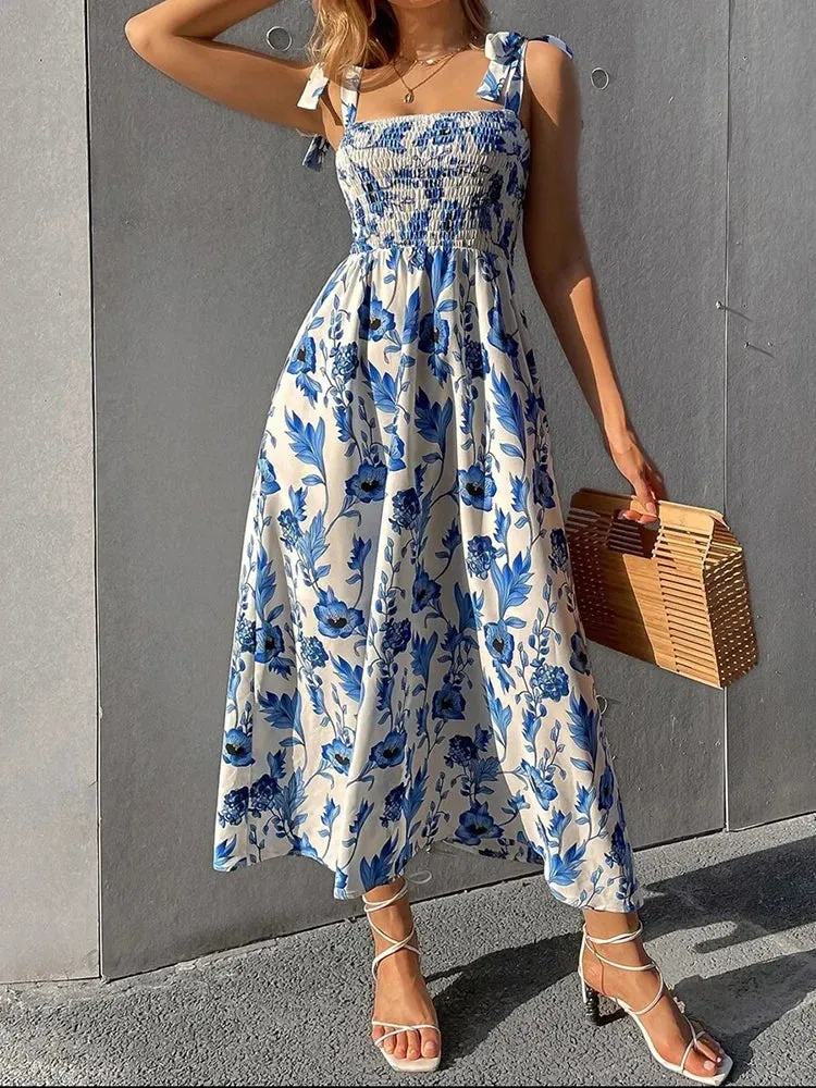 Chic Floral Print Long Dress New Fashion Backless Sleeveless Bandage Beach Sundress Casual Spring Summer Dresses