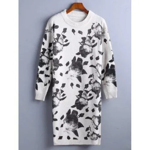 Chinese Painting Pattern Sweater Dress - White One Size