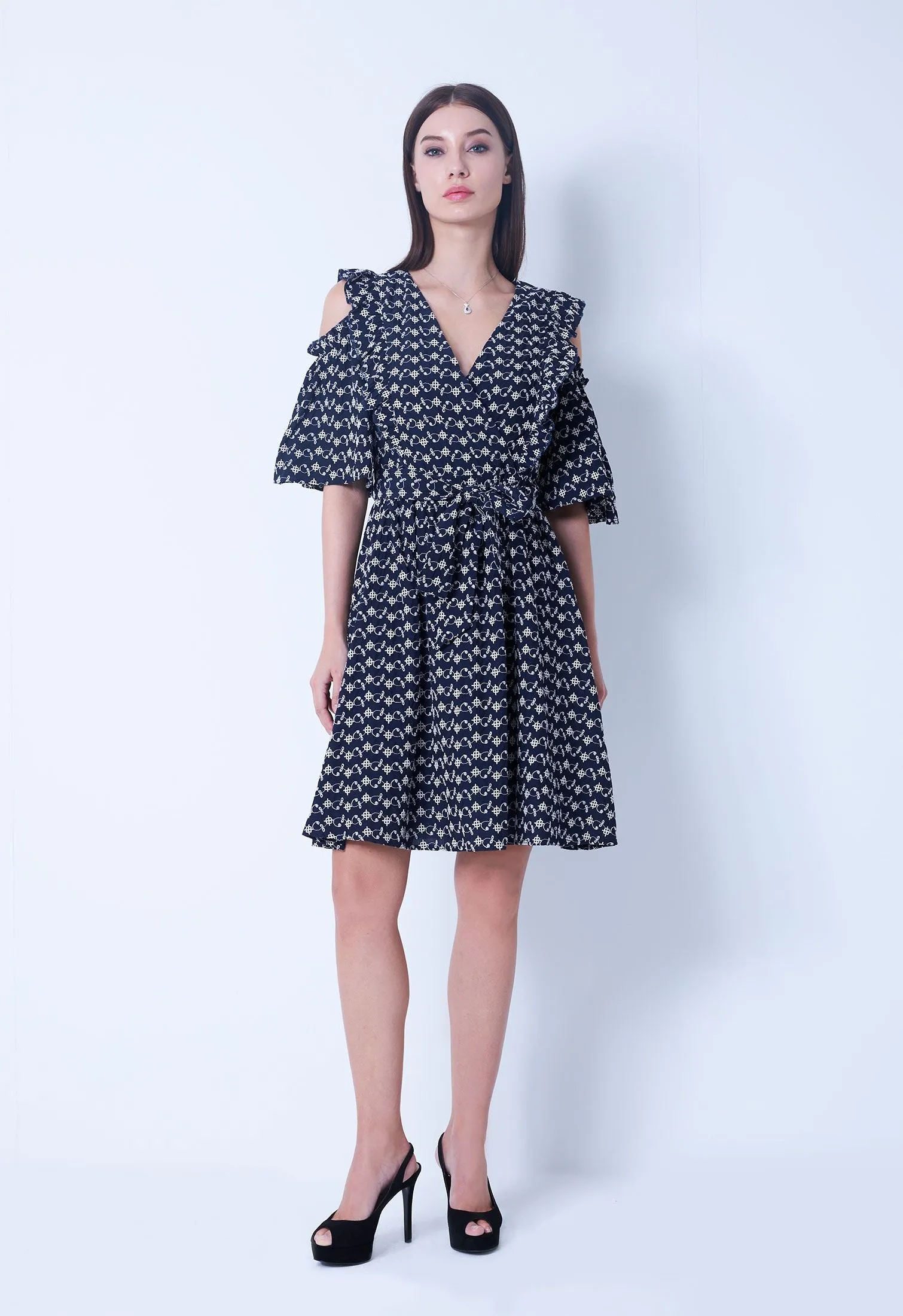 Cold-Shoulder Floral Link V-Neckline Dress