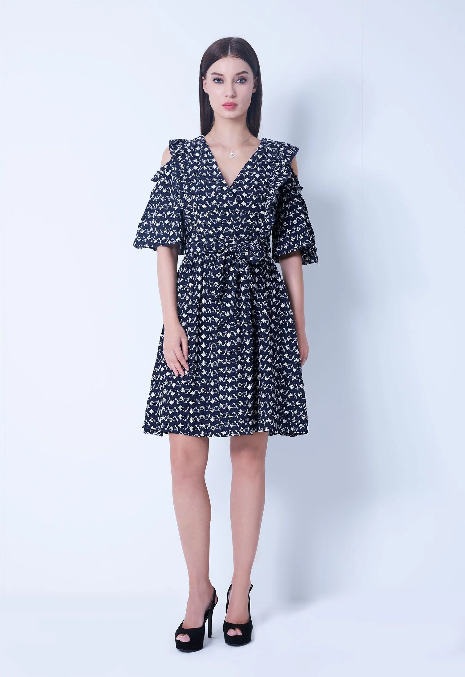 Cold-Shoulder Floral Link V-Neckline Dress