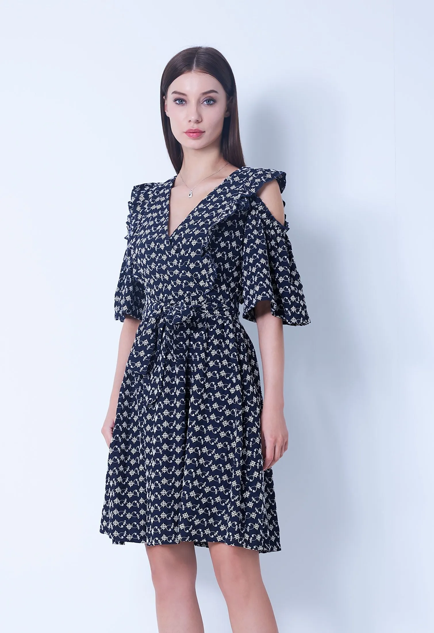 Cold-Shoulder Floral Link V-Neckline Dress