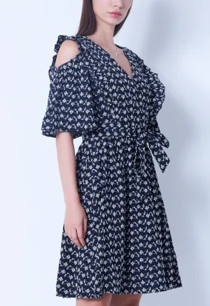 Cold-Shoulder Floral Link V-Neckline Dress