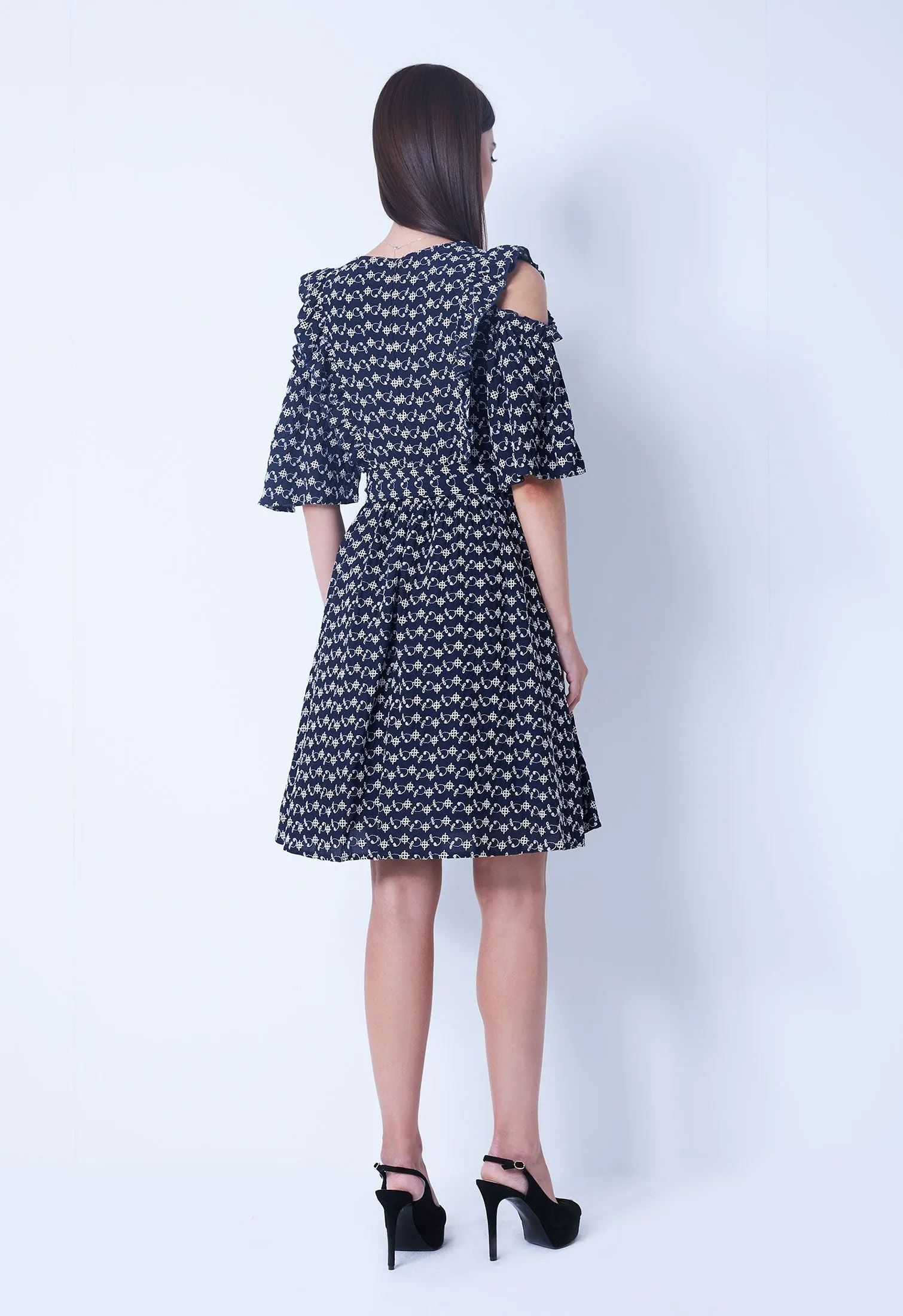 Cold-Shoulder Floral Link V-Neckline Dress