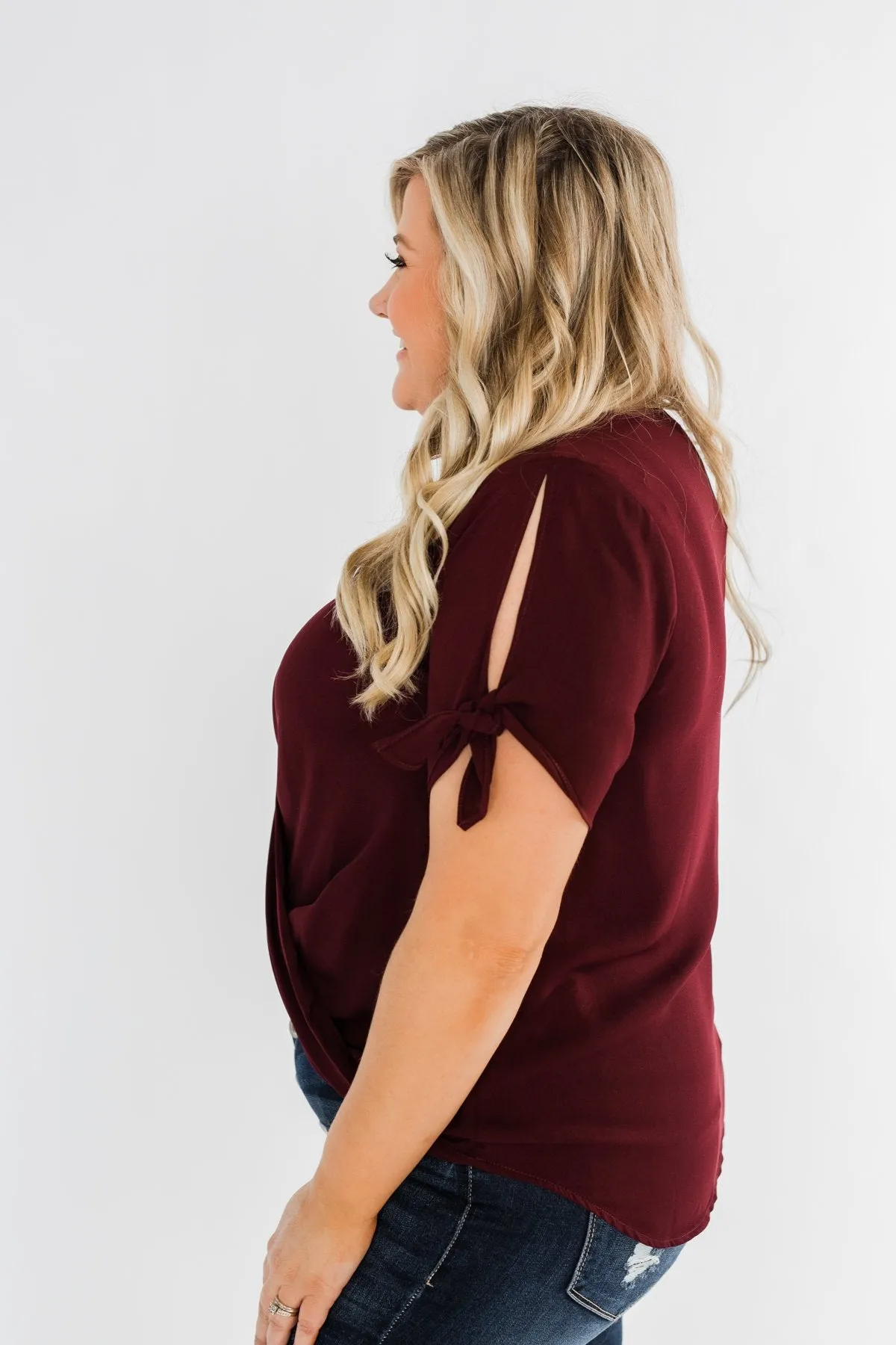 Cold Shoulder Wrap Blouse- Wine