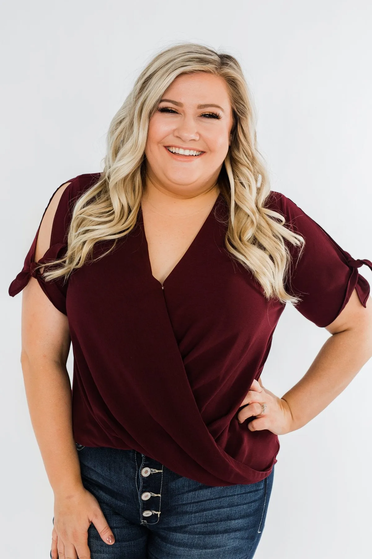 Cold Shoulder Wrap Blouse- Wine