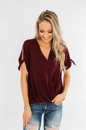 Cold Shoulder Wrap Blouse- Wine