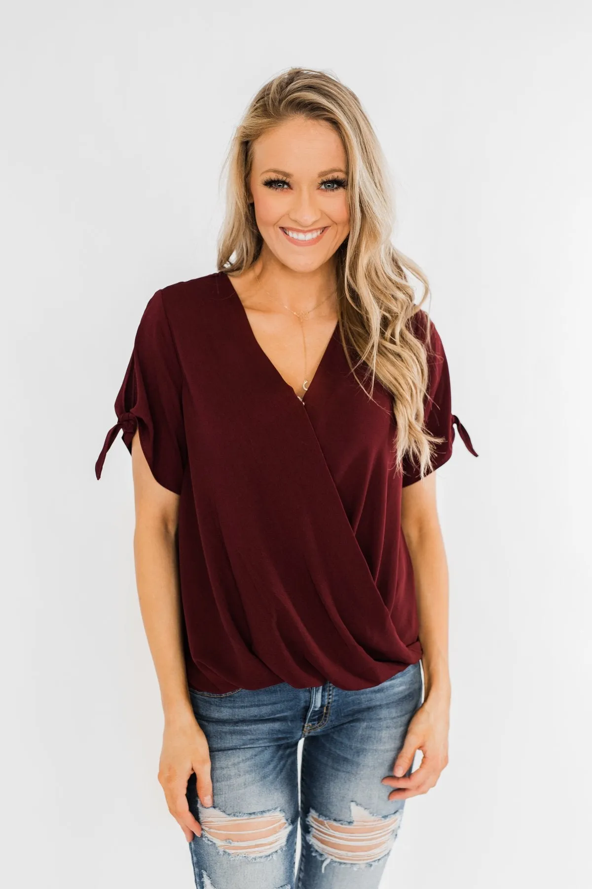 Cold Shoulder Wrap Blouse- Wine