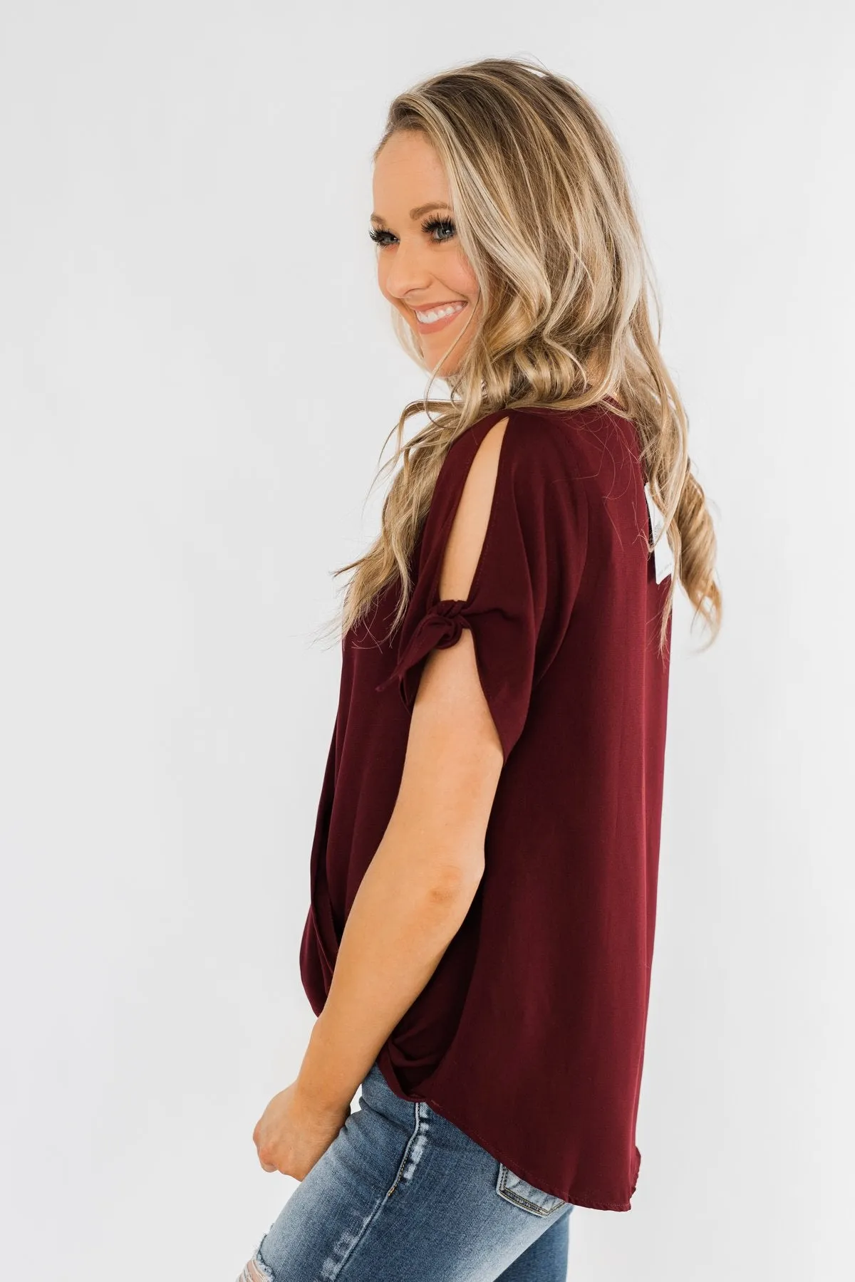 Cold Shoulder Wrap Blouse- Wine