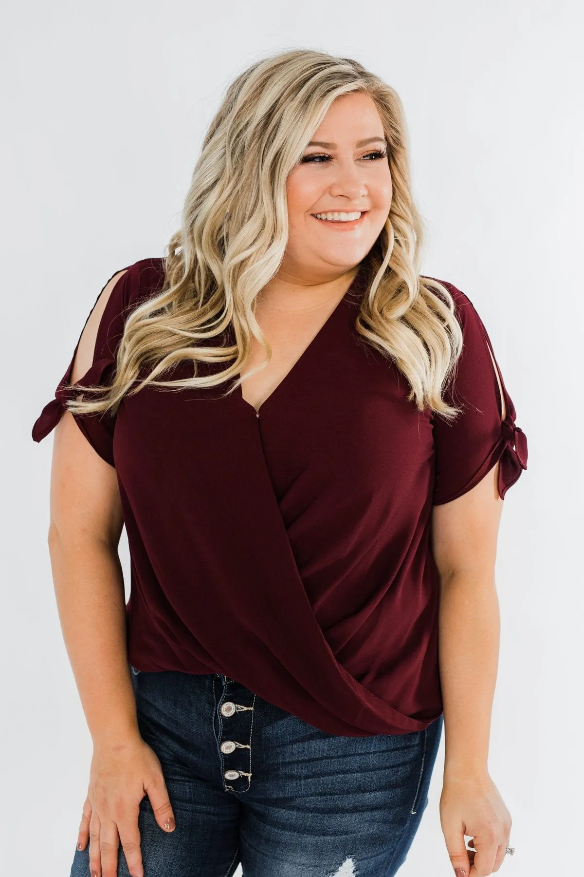 Cold Shoulder Wrap Blouse- Wine