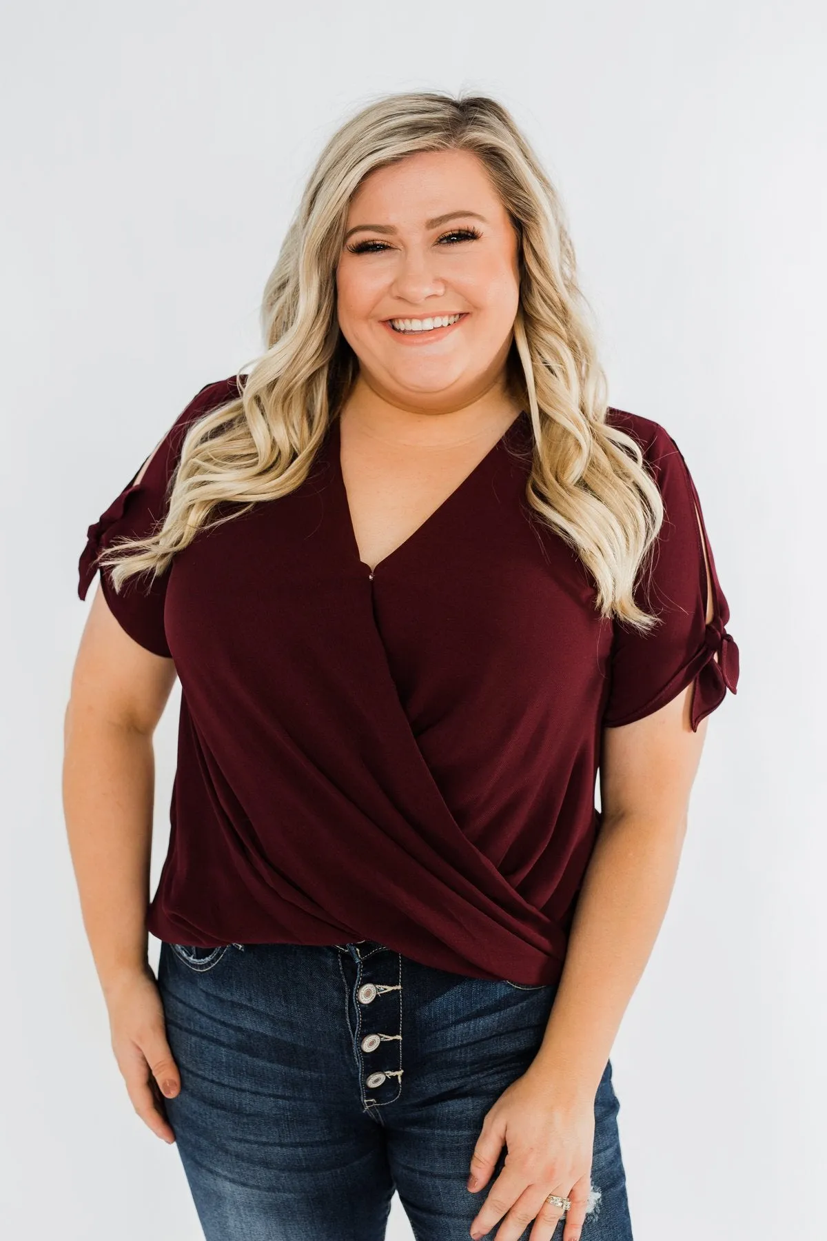 Cold Shoulder Wrap Blouse- Wine