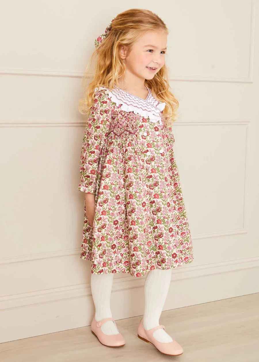Daphne Floral Hand Smocked Double Breasted Dress in Pink (18mths-10yrs)