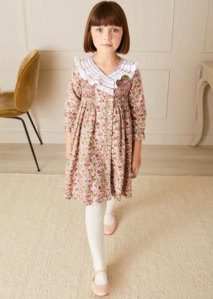 Daphne Floral Hand Smocked Double Breasted Dress in Pink (18mths-10yrs)