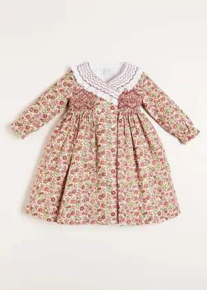 Daphne Floral Hand Smocked Double Breasted Dress in Pink (18mths-10yrs)