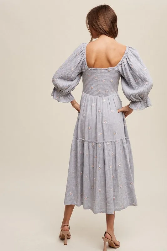 Ditzy Floral Embroidery Puff Sleeve Maxi Dress