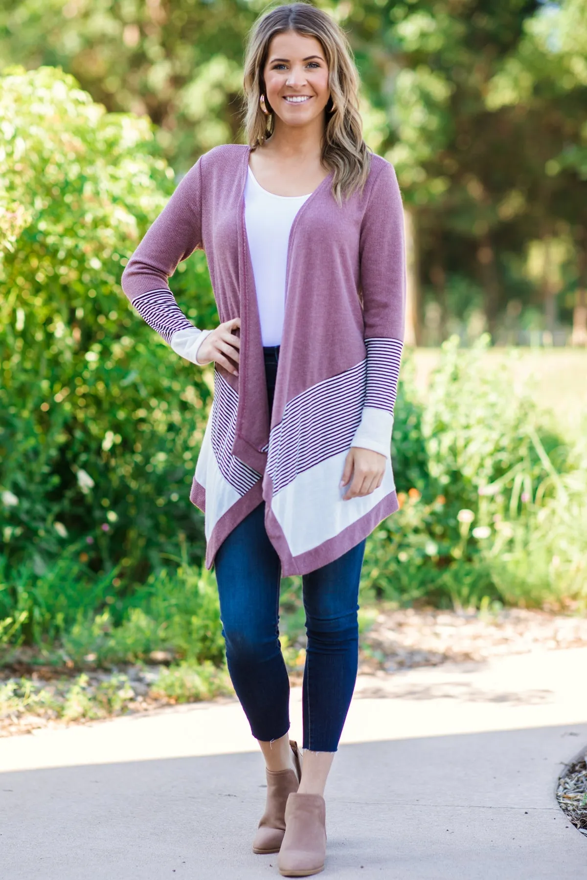 Dusty Rose and White Stripe Detail Cardigan