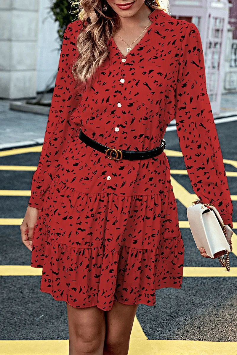 Elegant Print Buckle Without Belt V Neck A Line Dresses