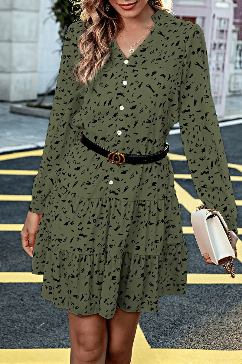 Elegant Print Buckle Without Belt V Neck A Line Dresses