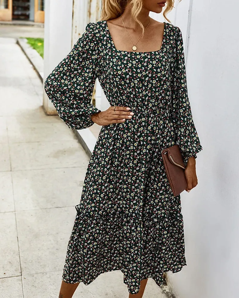 Elegant Retro Square Collar Floral Midi Dresses