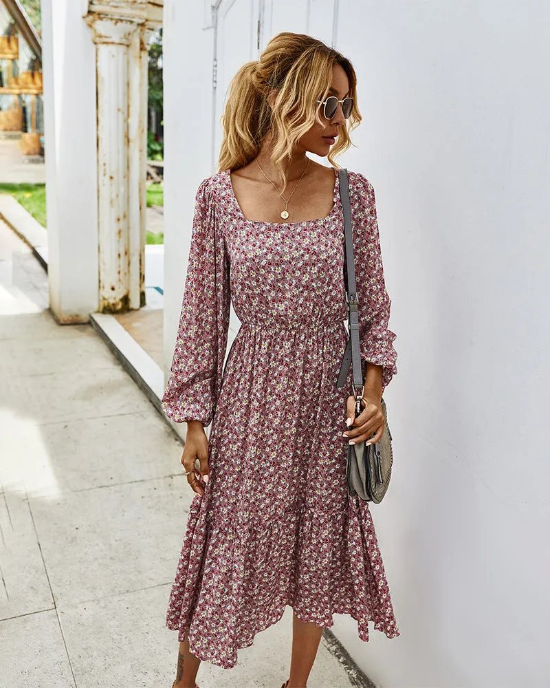 Elegant Retro Square Collar Floral Midi Dresses