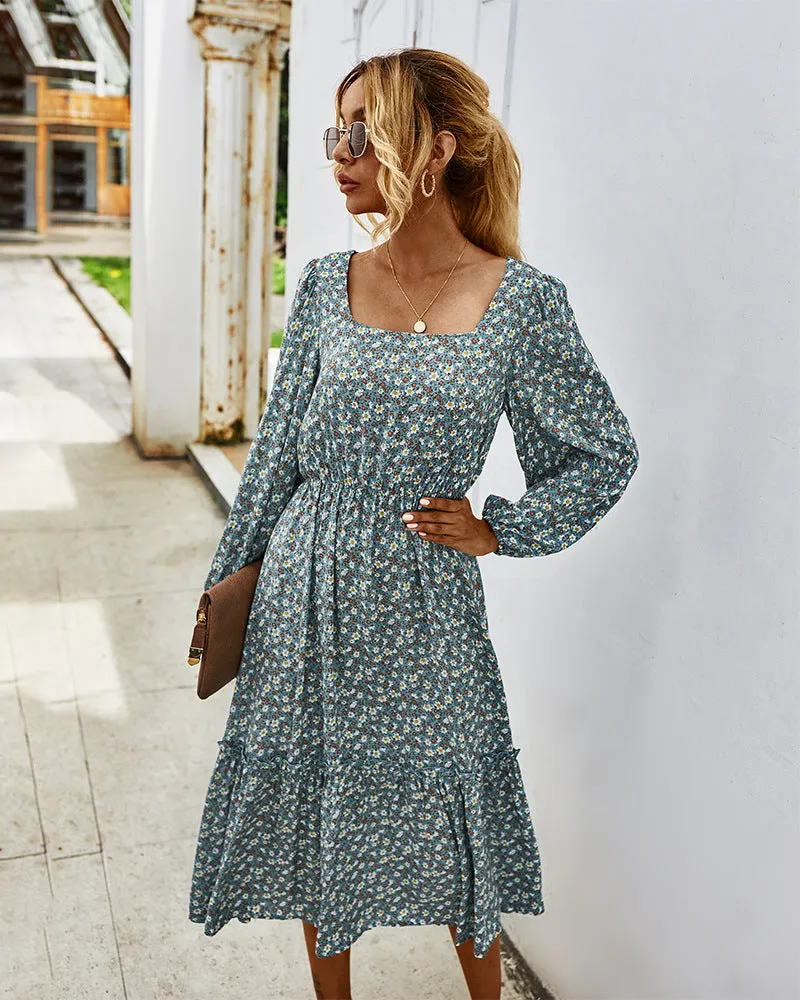 Elegant Retro Square Collar Floral Midi Dresses