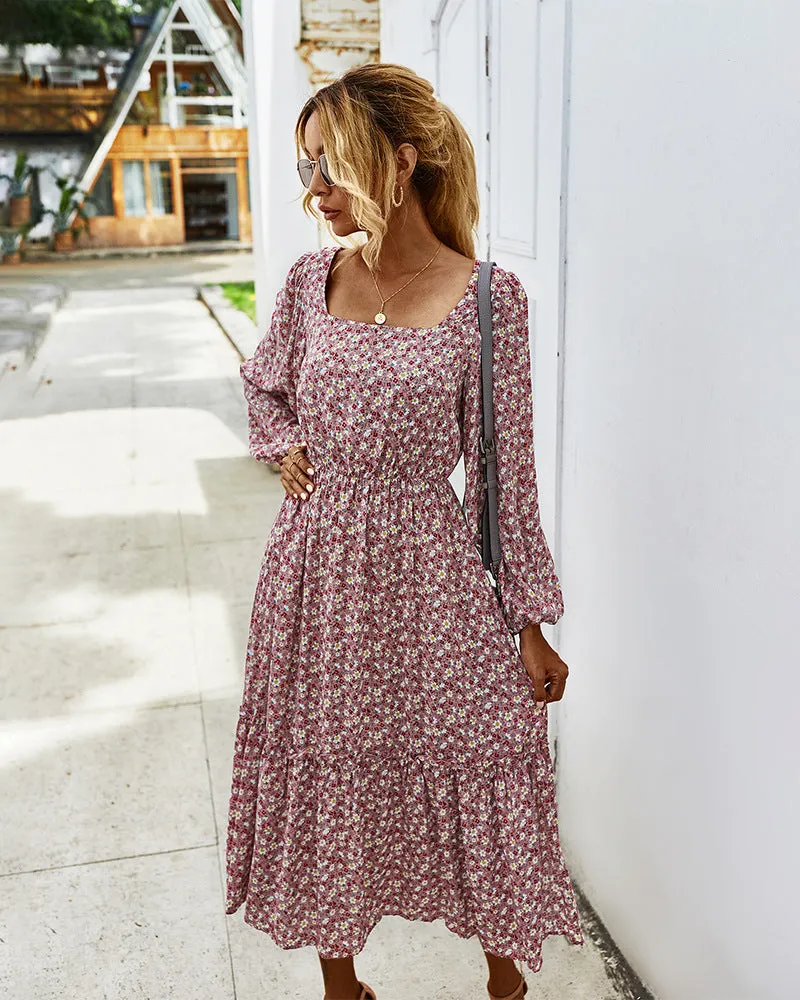 Elegant Retro Square Collar Floral Midi Dresses