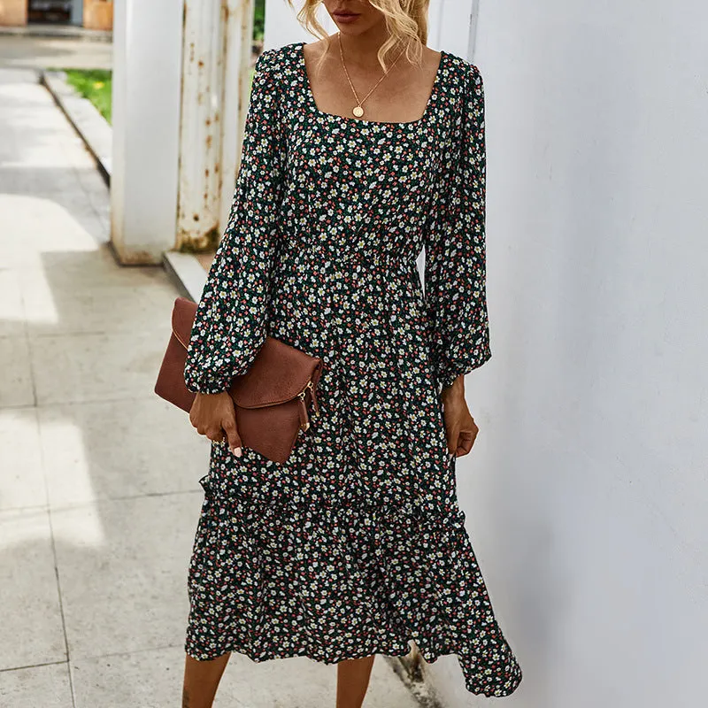 Elegant Retro Square Collar Floral Midi Dresses