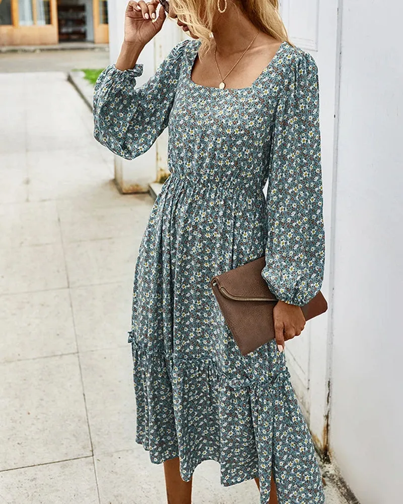 Elegant Retro Square Collar Floral Midi Dresses