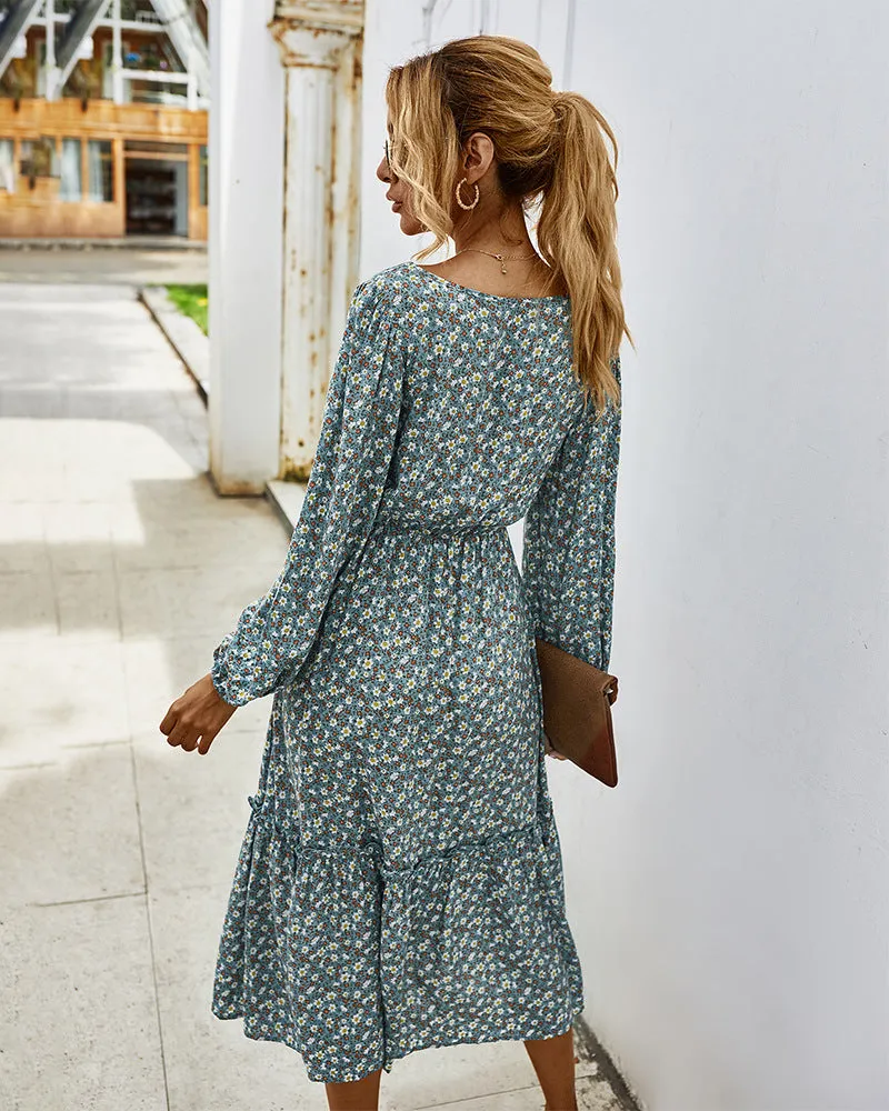 Elegant Retro Square Collar Floral Midi Dresses
