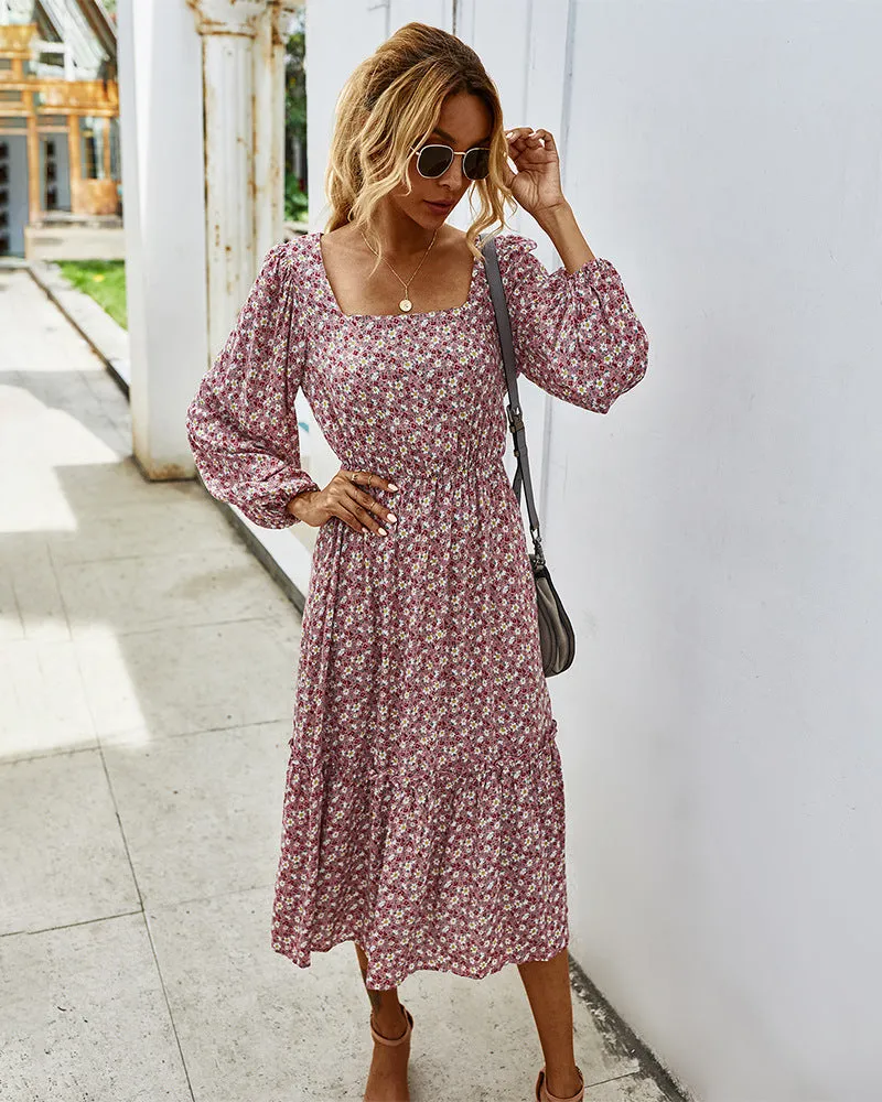 Elegant Retro Square Collar Floral Midi Dresses