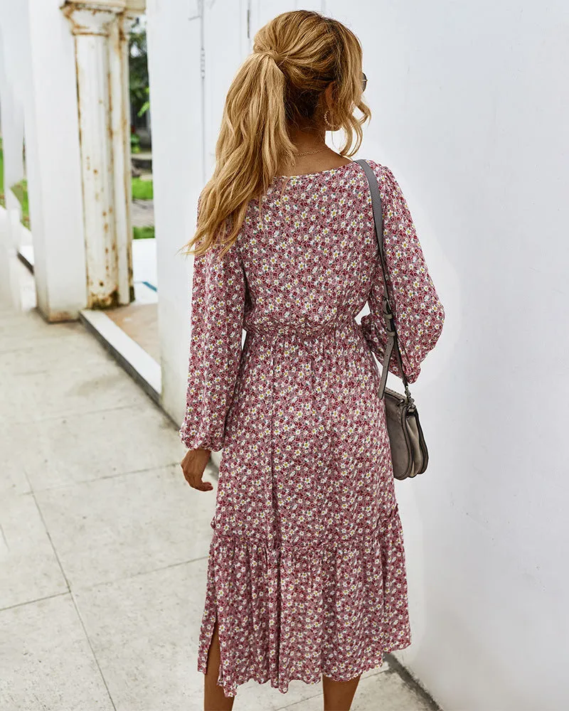 Elegant Retro Square Collar Floral Midi Dresses