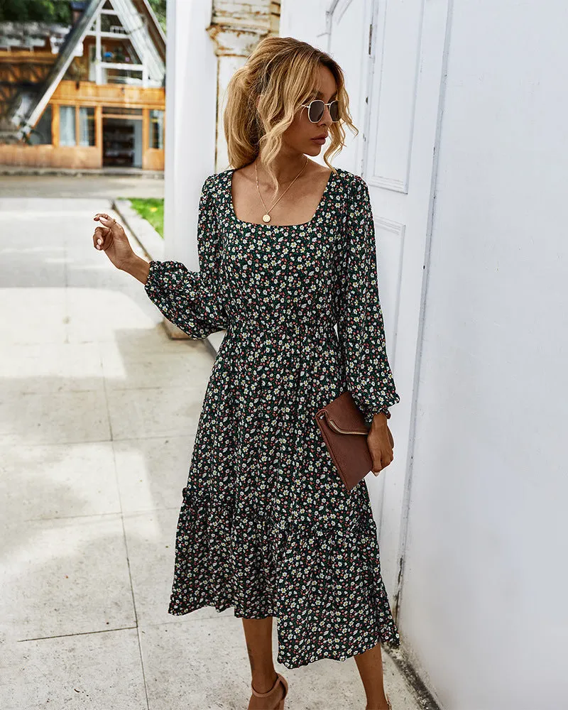 Elegant Retro Square Collar Floral Midi Dresses