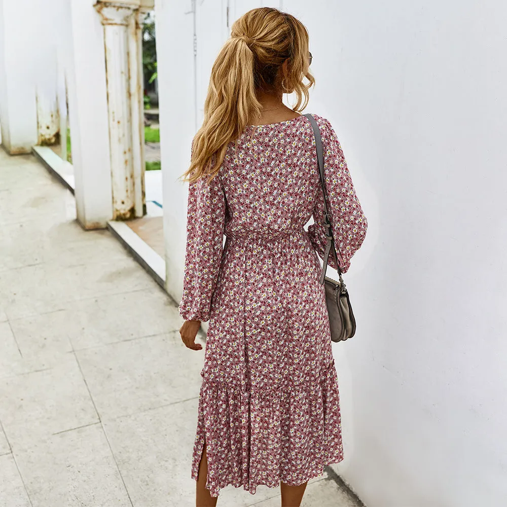 Elegant Retro Square Collar Floral Midi Dresses