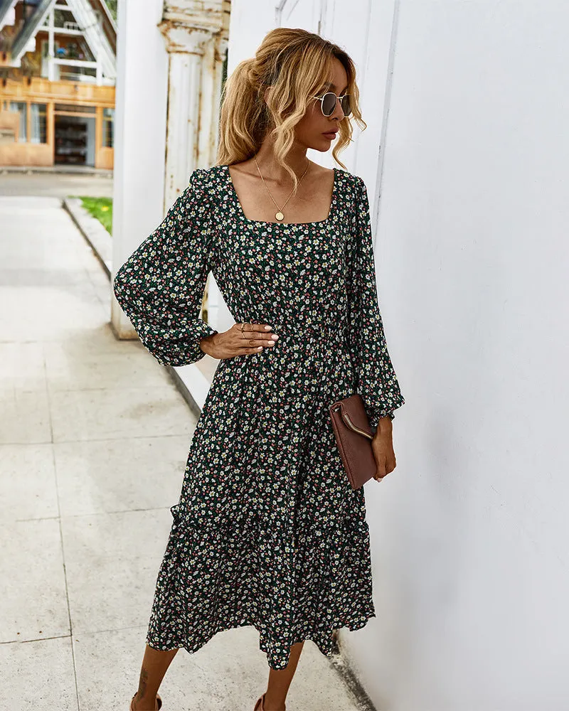 Elegant Retro Square Collar Floral Midi Dresses
