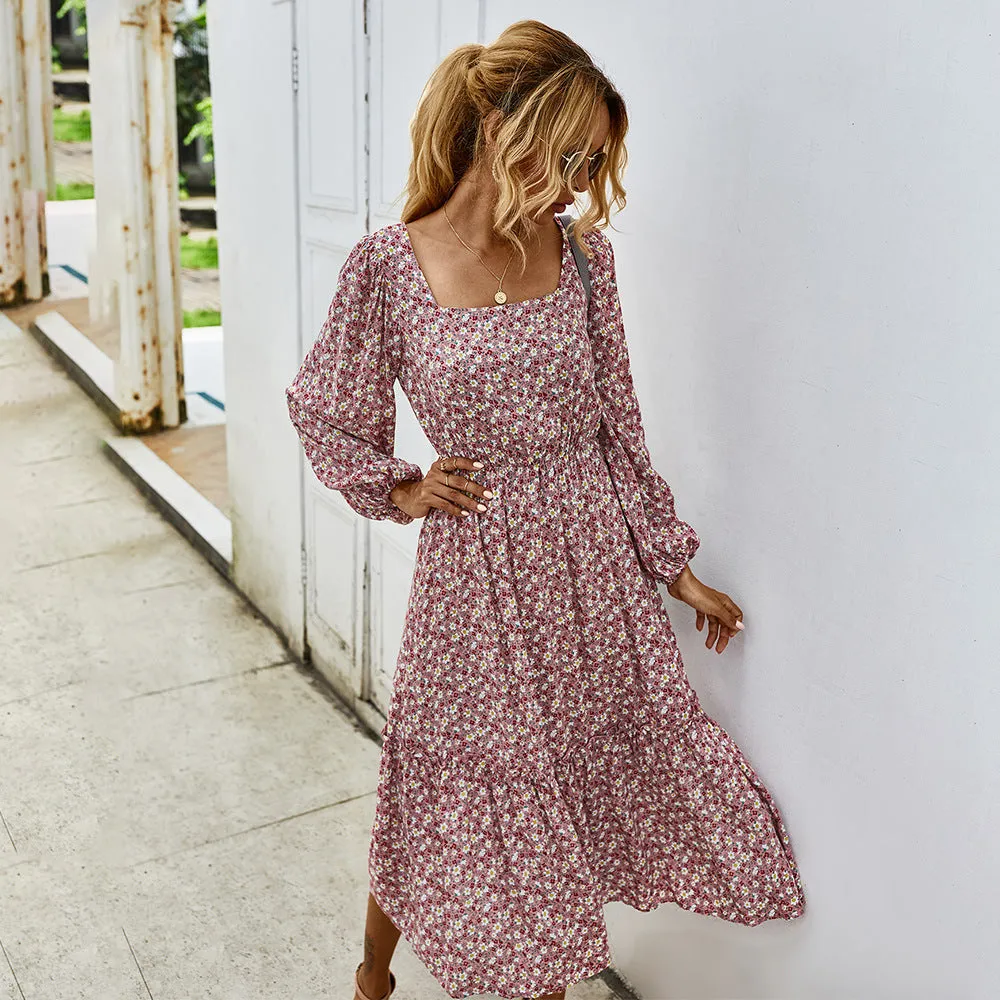 Elegant Retro Square Collar Floral Midi Dresses