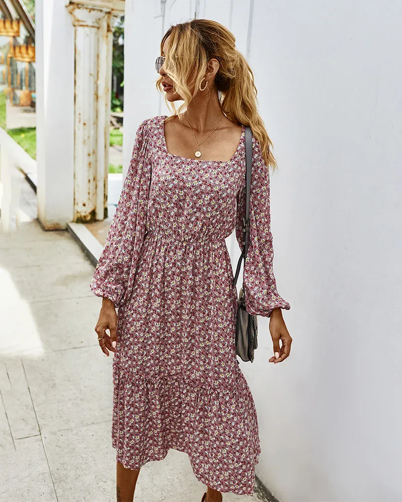 Elegant Retro Square Collar Floral Midi Dresses