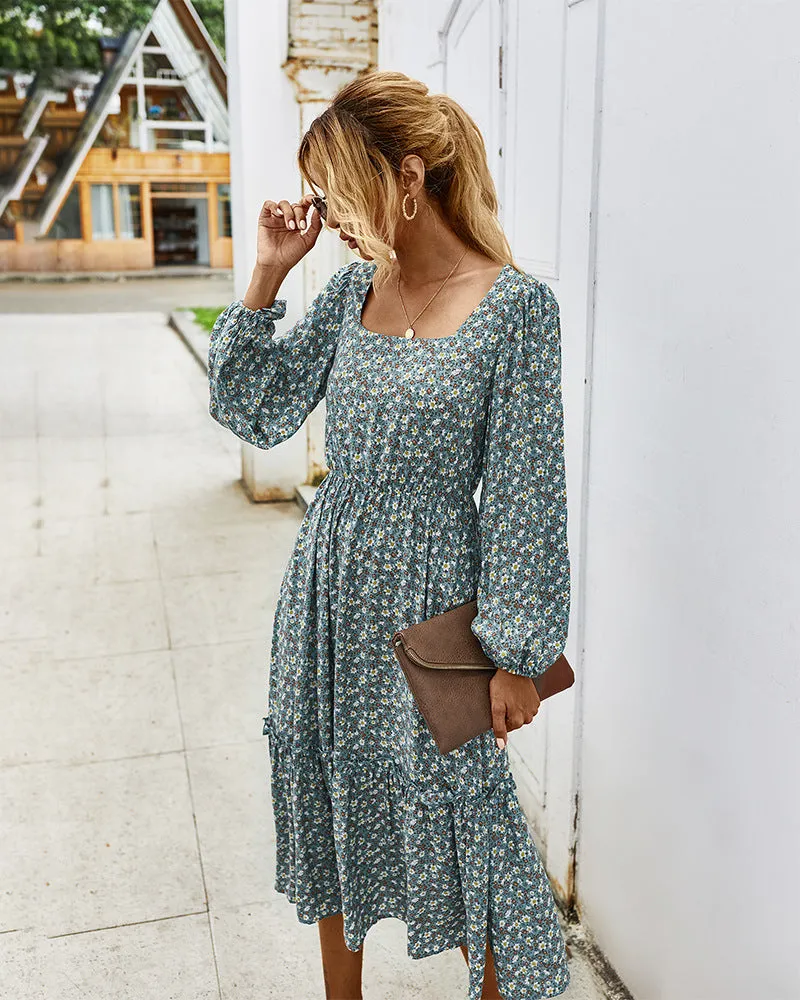 Elegant Retro Square Collar Floral Midi Dresses