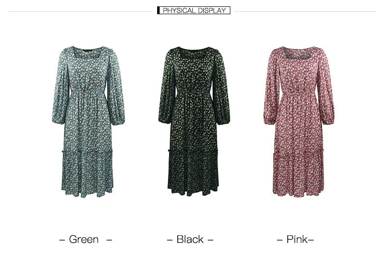 Elegant Retro Square Collar Floral Midi Dresses