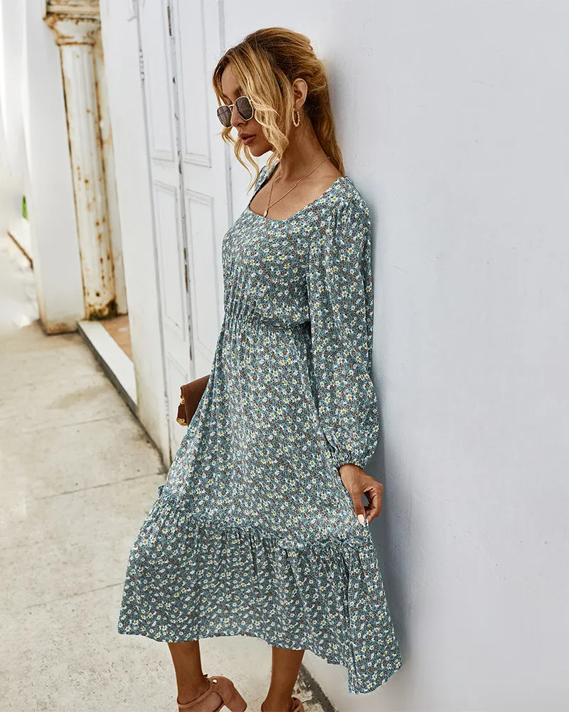 Elegant Retro Square Collar Floral Midi Dresses