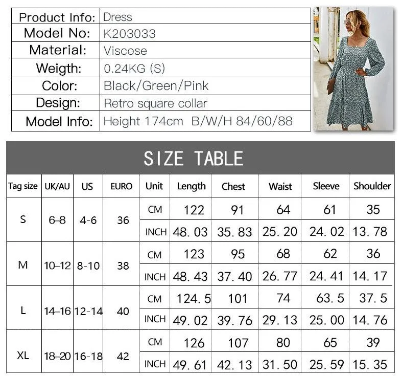 Elegant Retro Square Collar Floral Midi Dresses