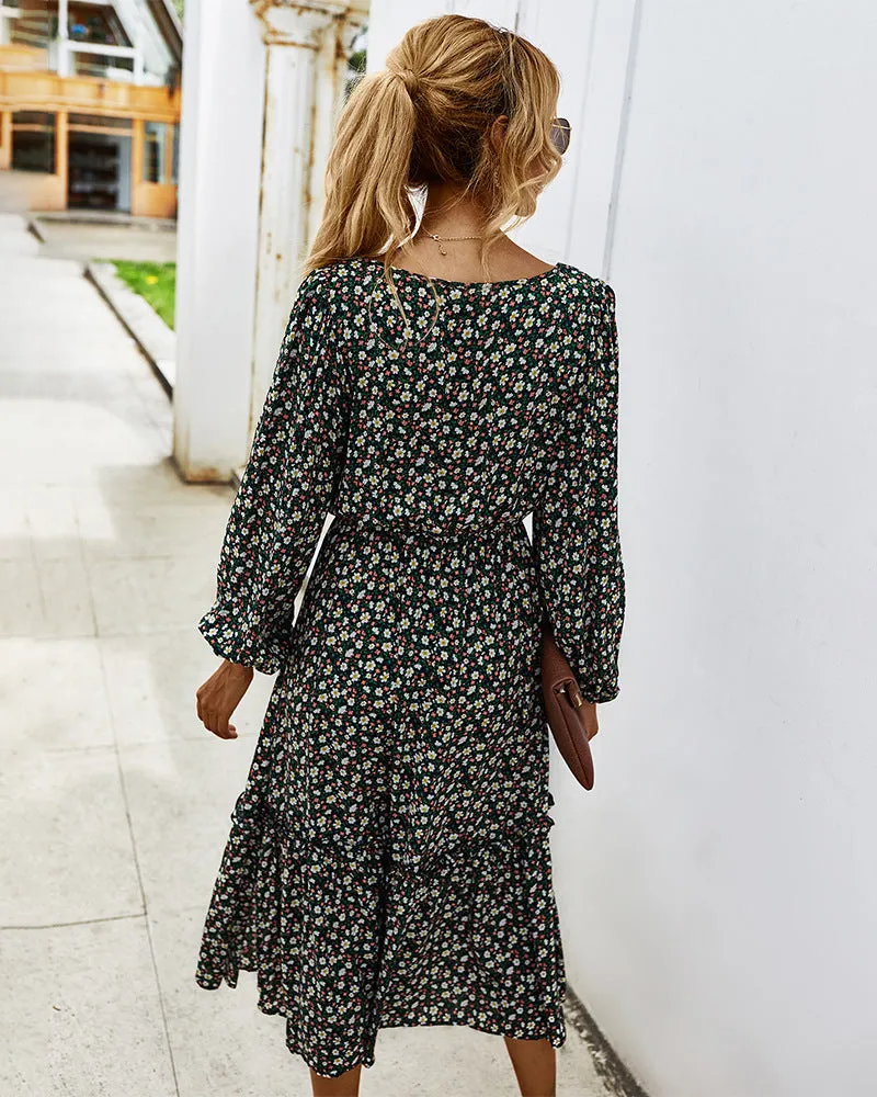 Elegant Retro Square Collar Floral Midi Dresses