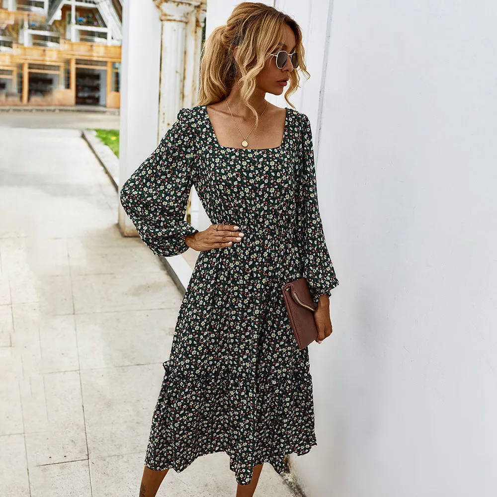 Elegant Retro Square Collar Floral Midi Dresses