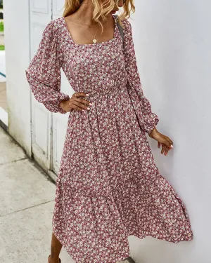 Elegant Retro Square Collar Floral Midi Dresses