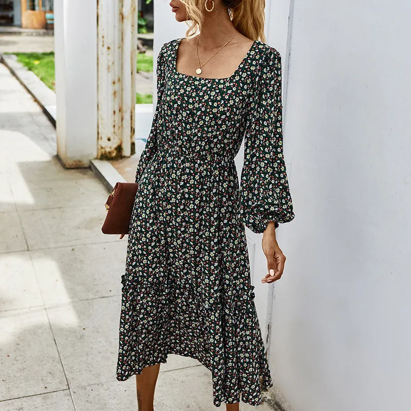 Elegant Retro Square Collar Floral Midi Dresses