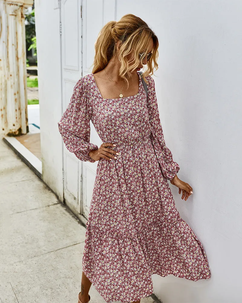 Elegant Retro Square Collar Floral Midi Dresses