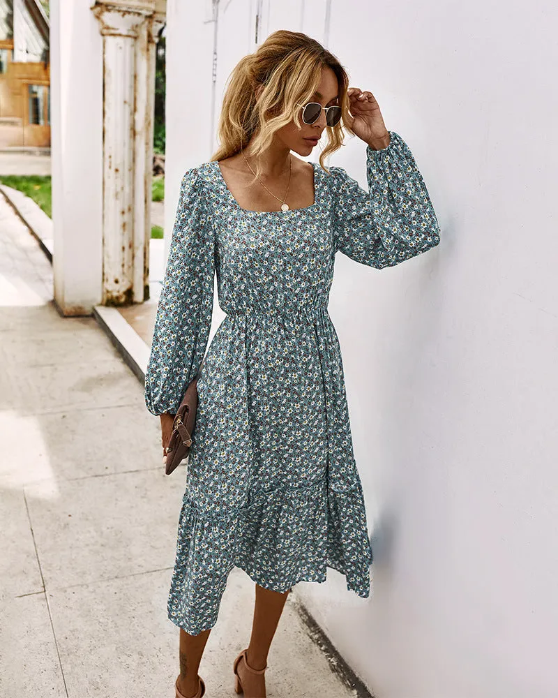 Elegant Retro Square Collar Floral Midi Dresses